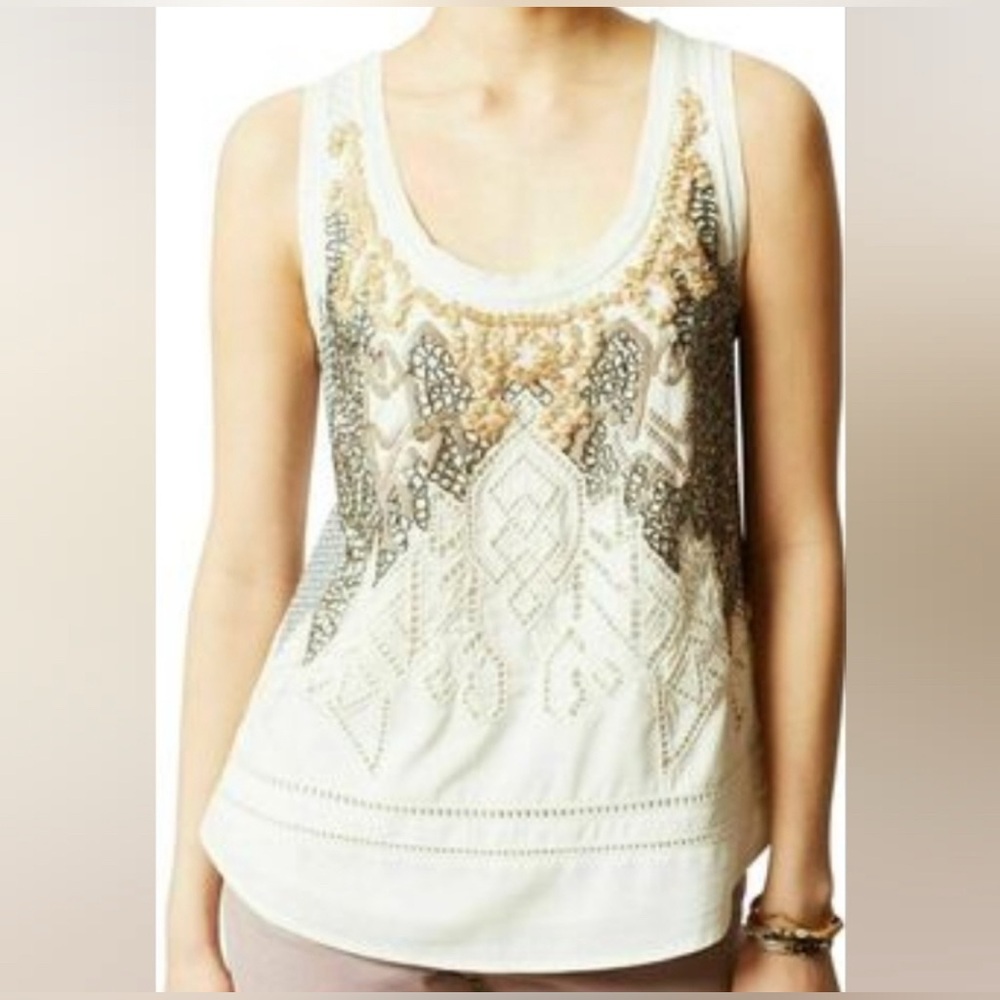 Meadow Rue Beaded Embroidered Tank Top White Gold Pattern Sleeveless – Women XS